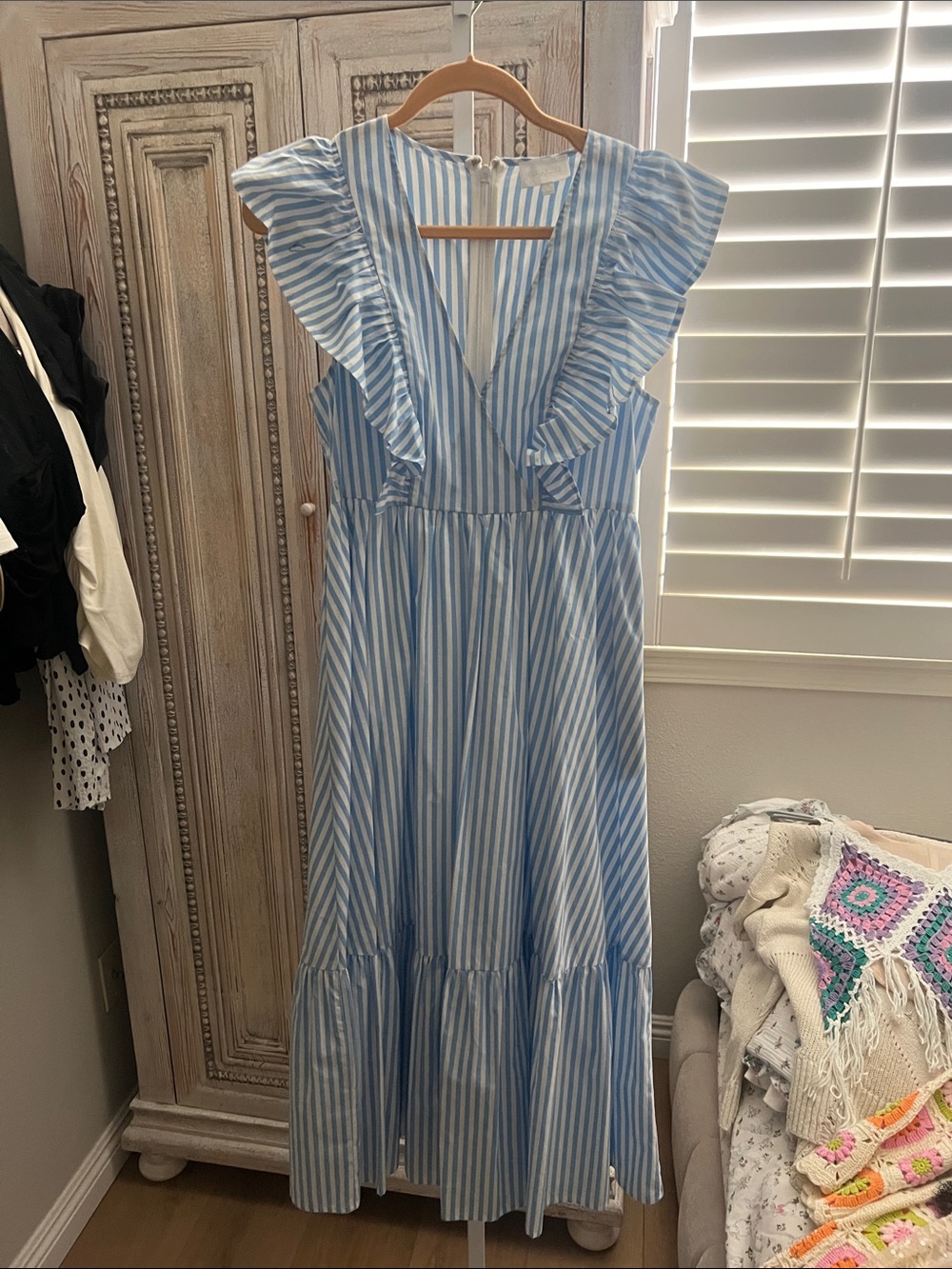Sugarlips Blue and White Striped Ruffle V-Neck Maxi Dress